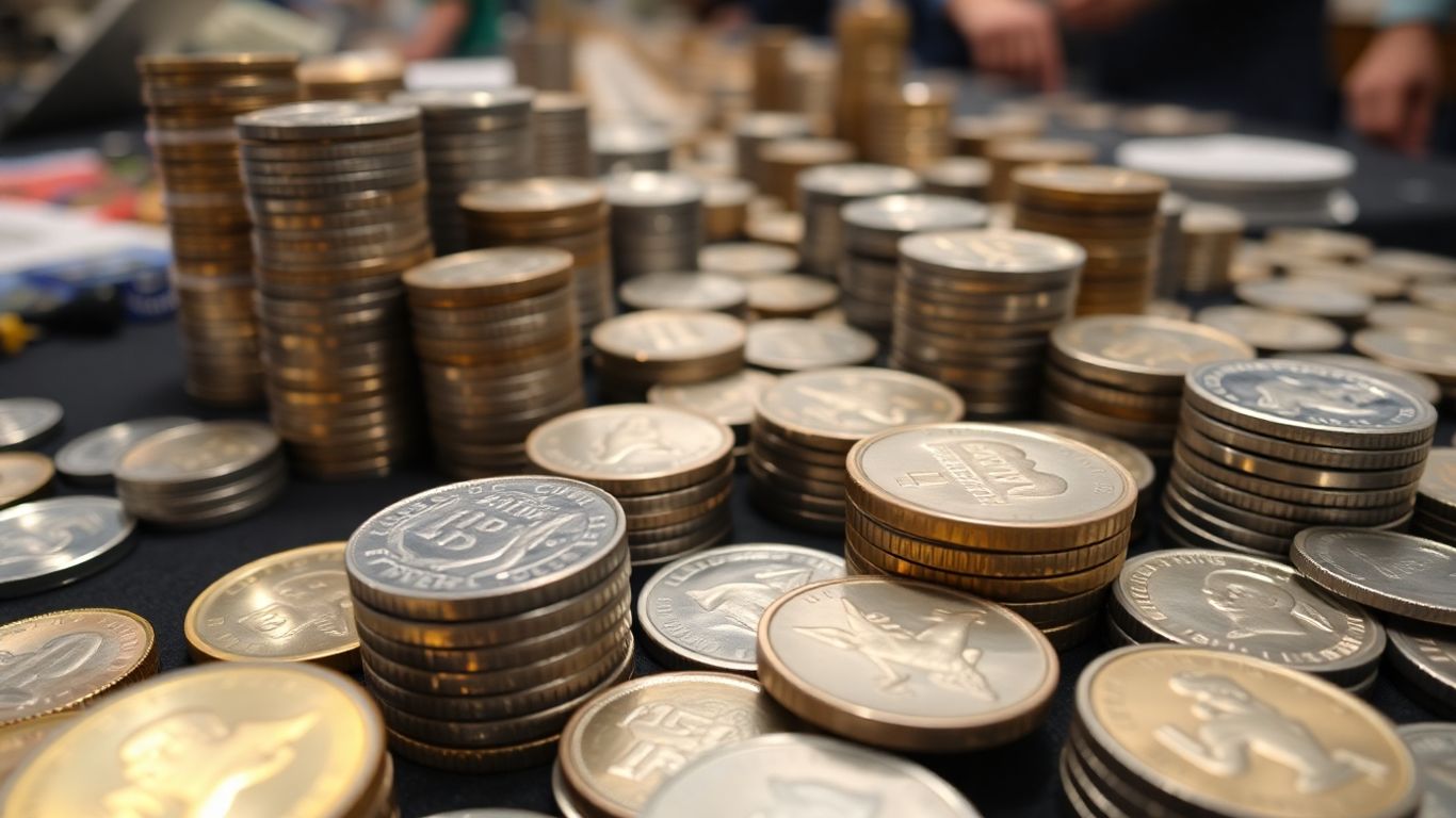 Dealer's table with coins at a Texas coin show.