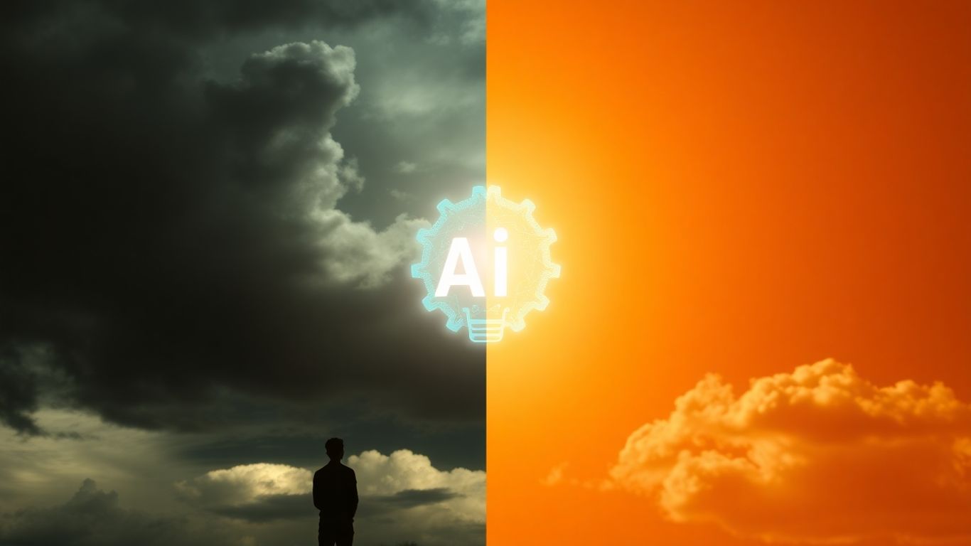 AI debate: stormy sky versus bright sky with hopeful figure.