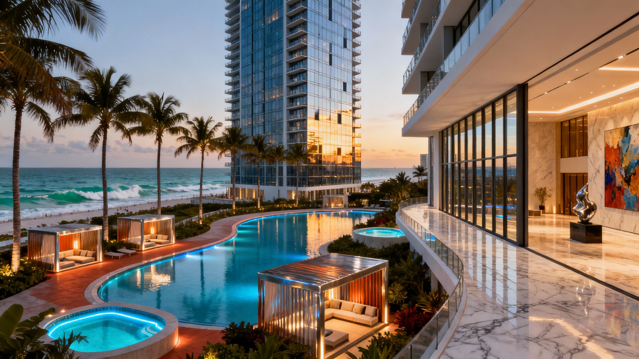 Modern luxury condo tower overlooking the Atlantic Ocean in Miami Beach with palm trees and a stunning pool deck