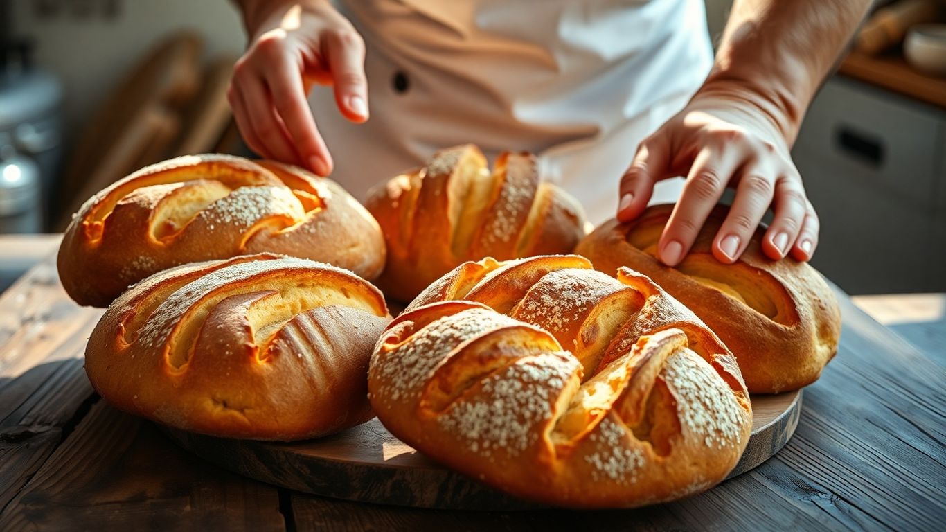 Bäcker arrangiert frische Backwaren auf Holztisch