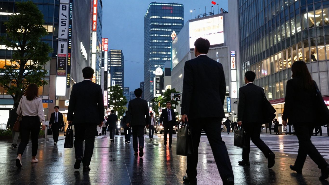 Tokyo street at dusk with business travelers and skyscrapers.