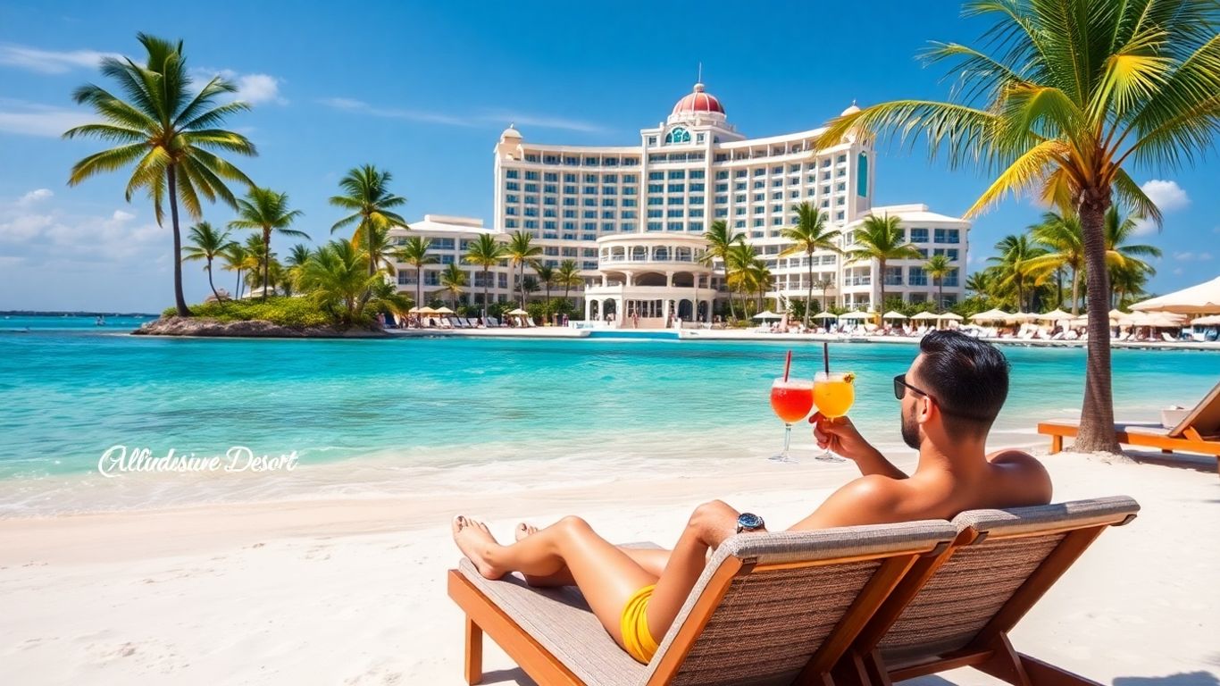 Couple relaxing on a tropical beach with cocktails.