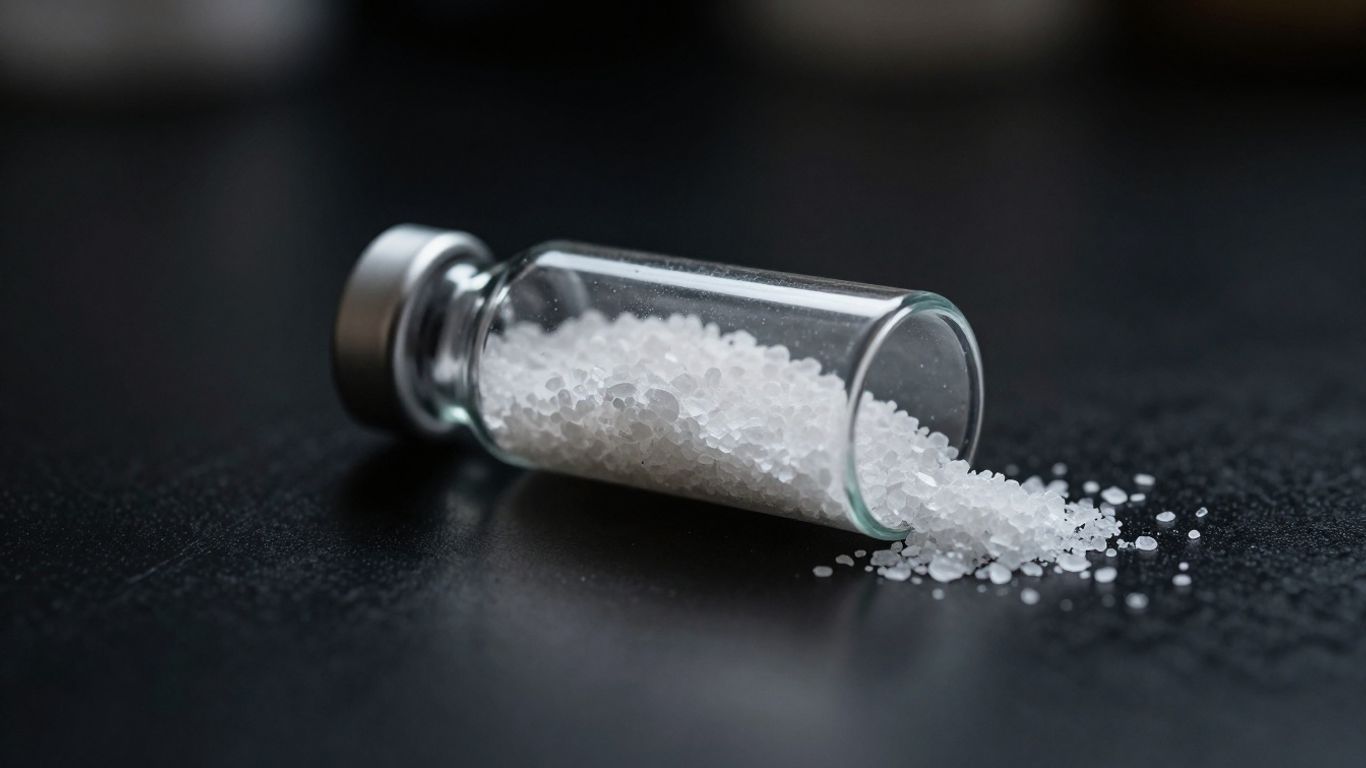 Vial of white crystalline substance on dark surface.