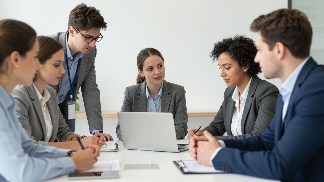 Europäische Geschäftsleute planen Strategien am Tisch.