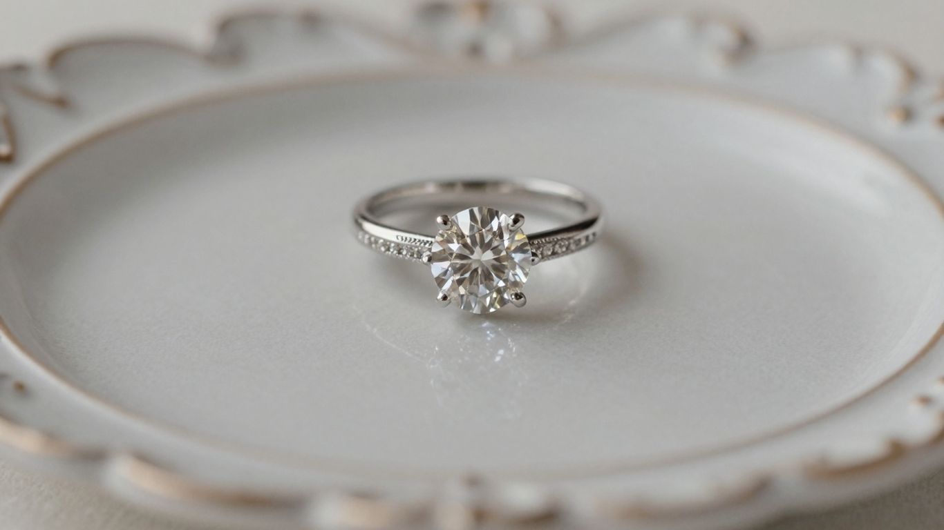 Elegant ring platter holding a diamond engagement ring.