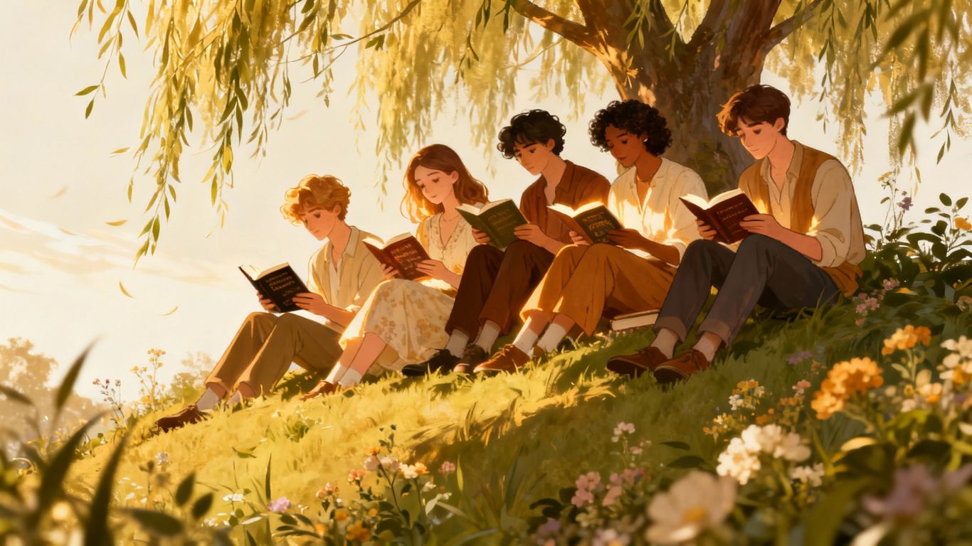 Young adults reading romance novels in a scenic setting.