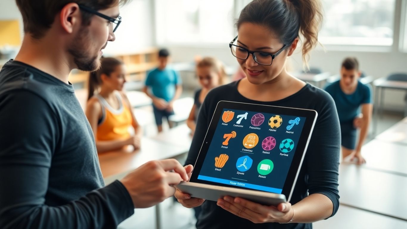 Lehrkraft plant Sportunterricht mit digitalen Werkzeugen.