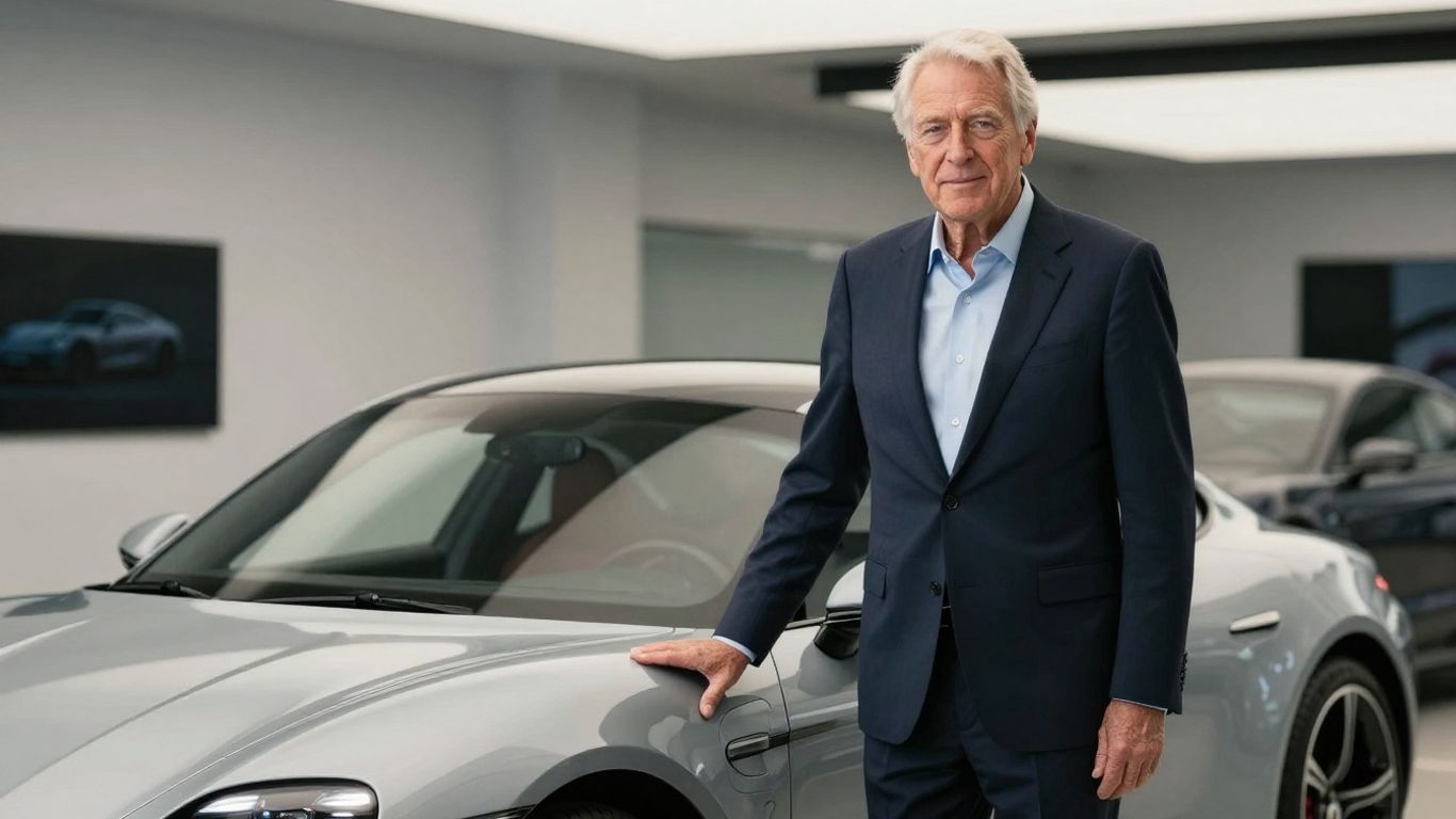 [Grant Larson] retires from Porsche, posing with a sports car.