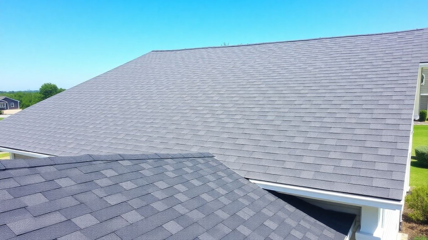 Newly installed charcoal gray asphalt shingle roof on a house.