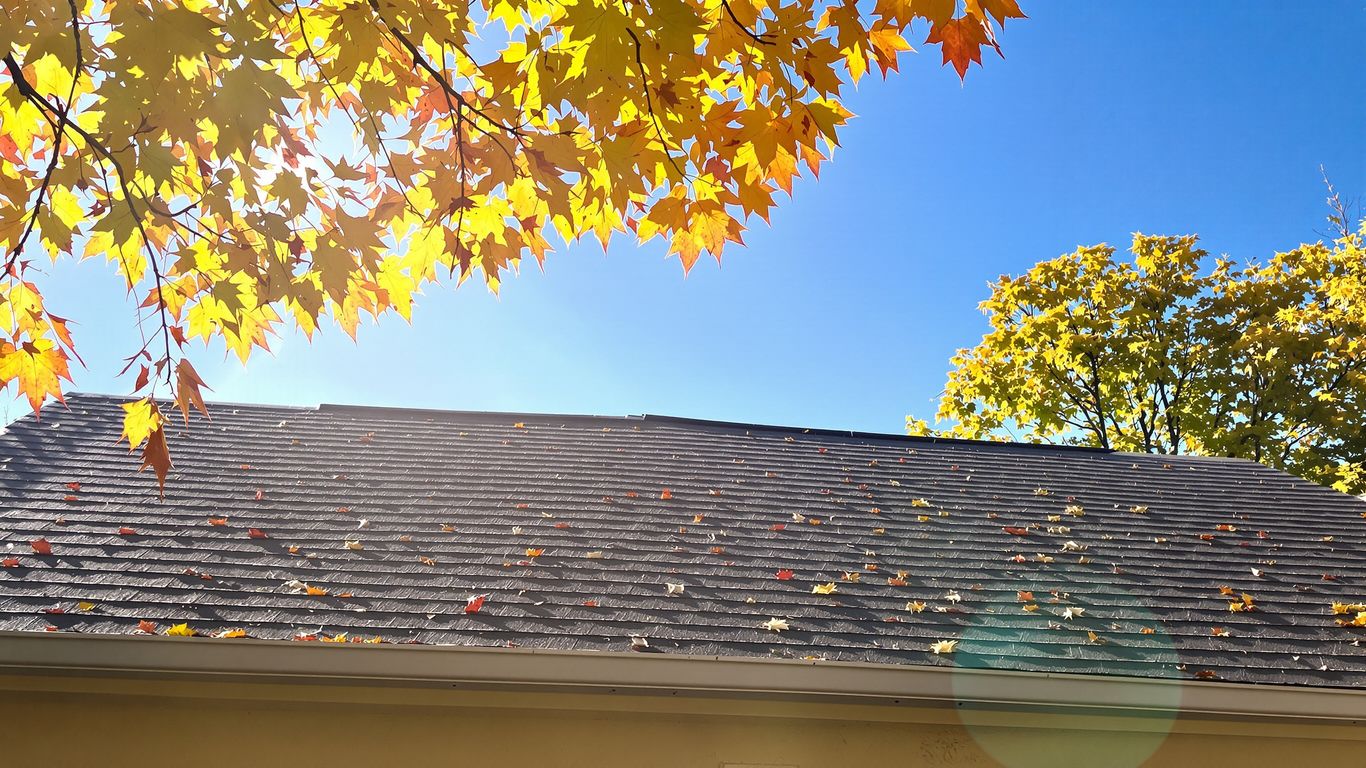 House roof under a clear autumn sky with fallen leaves.