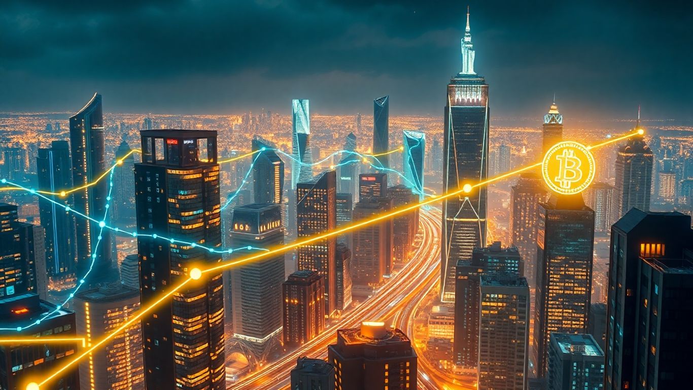 Futuristic city with blockchain patterns