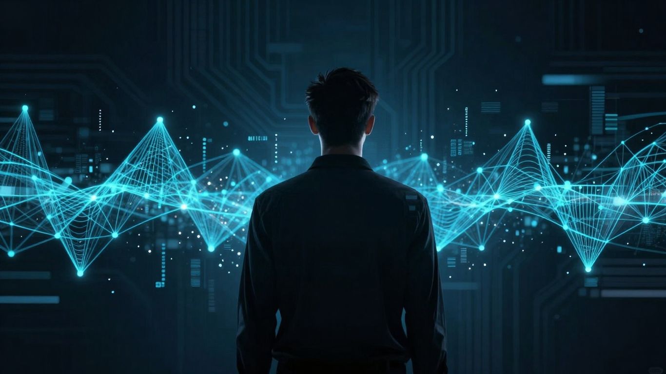 Digital footprint with data streams and network connections.