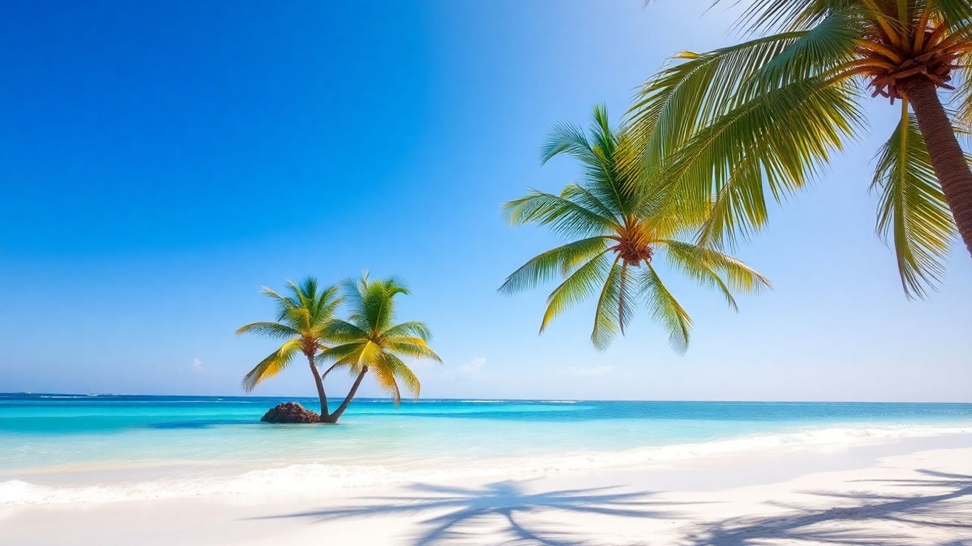 Riviera Maya beach with turquoise water and palm trees.