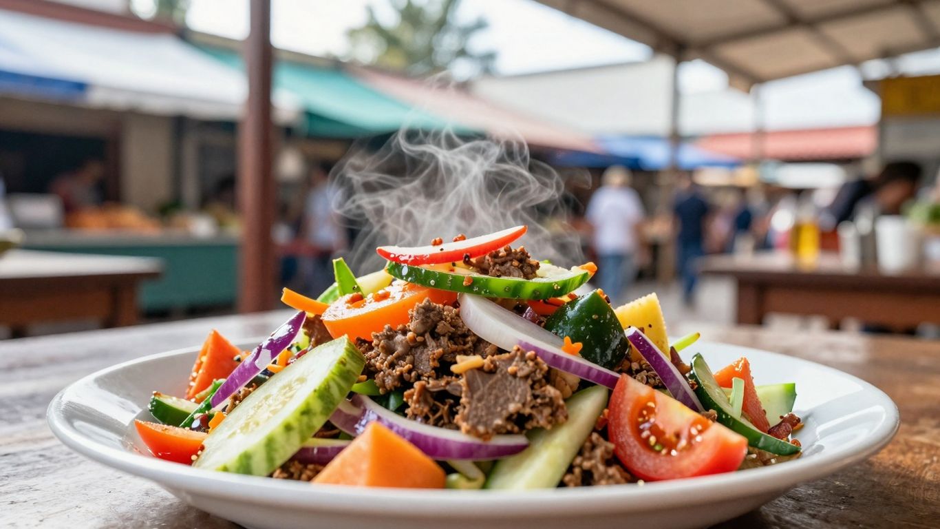 Farfurie cu mâncare locală, decorată artistic, într-un restaurant.