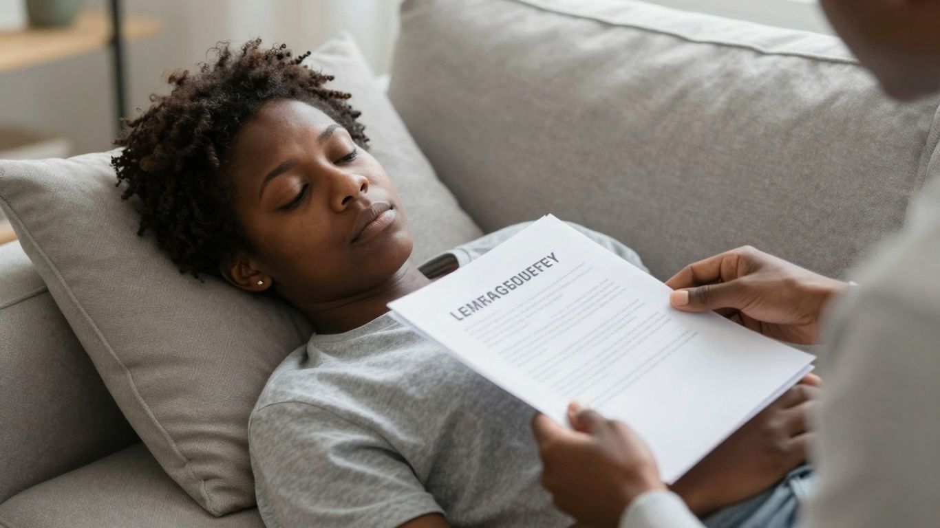 Person resting on couch, receiving document.