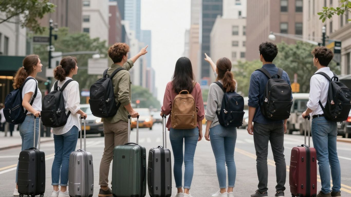 Expats with luggage choosing new city destinations.
