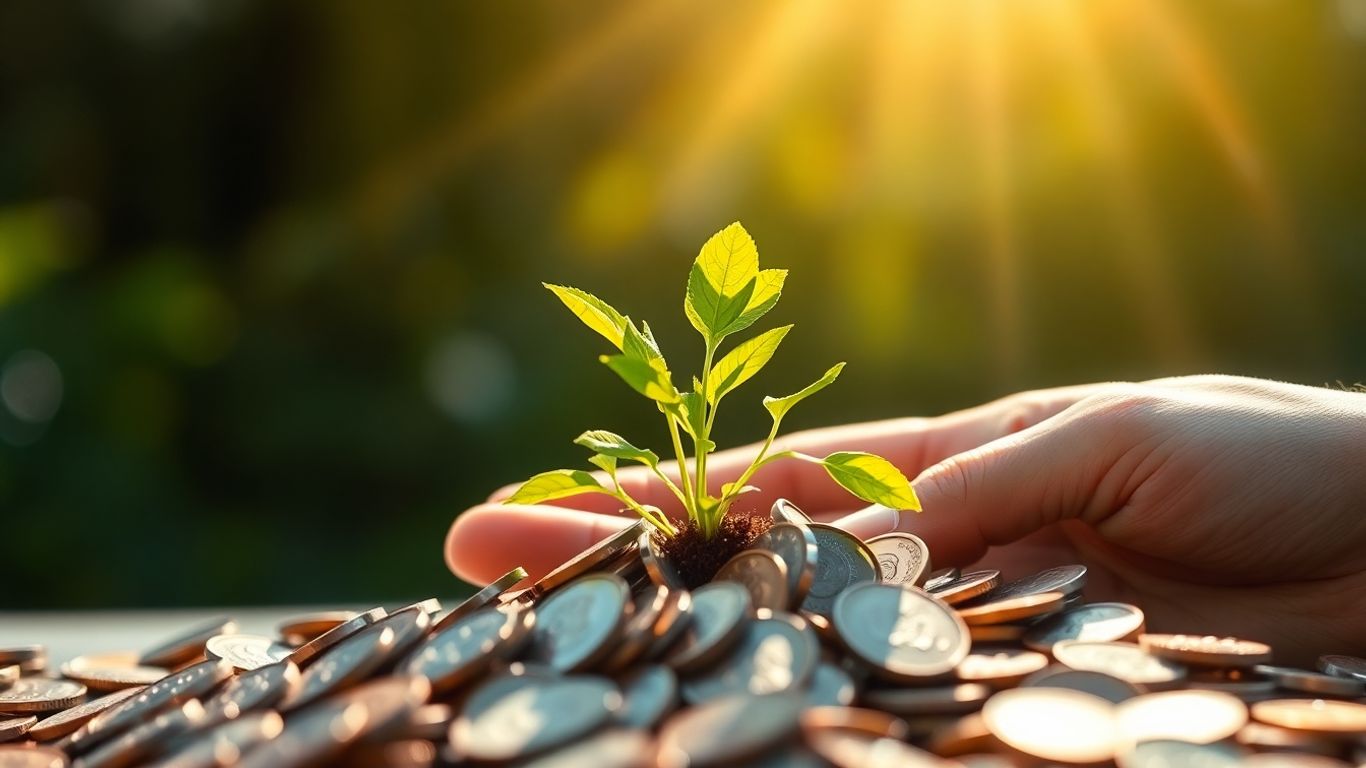Plant growing from coins, symbolizing investment growth.