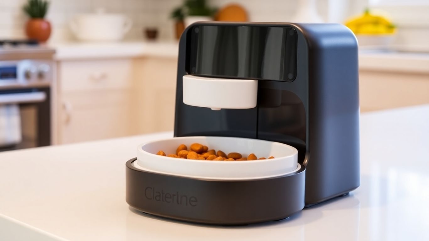 Modern programmable cat wet food feeder with fresh food.