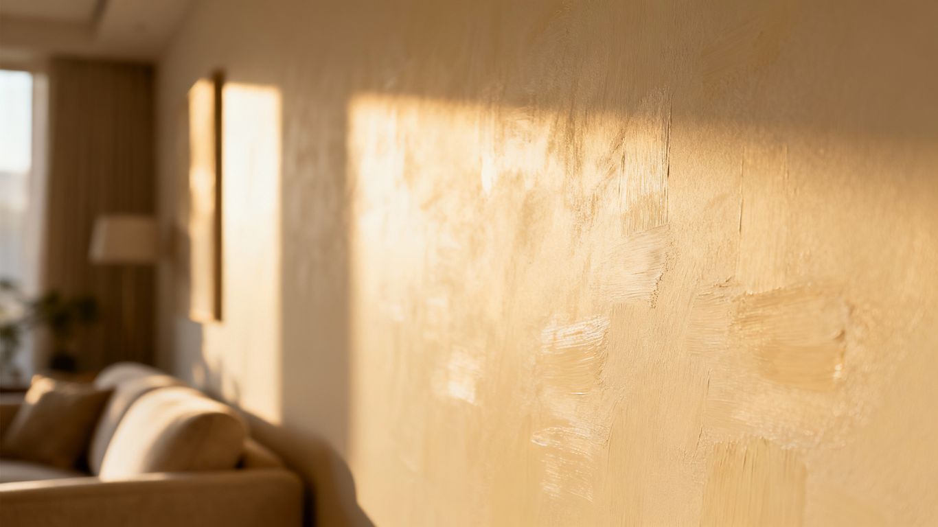 Textured wall in a living room with warm lighting.