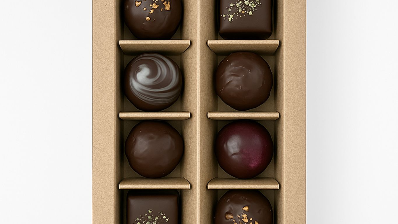 A box of assorted dark chocolates with different toppings and swirls.