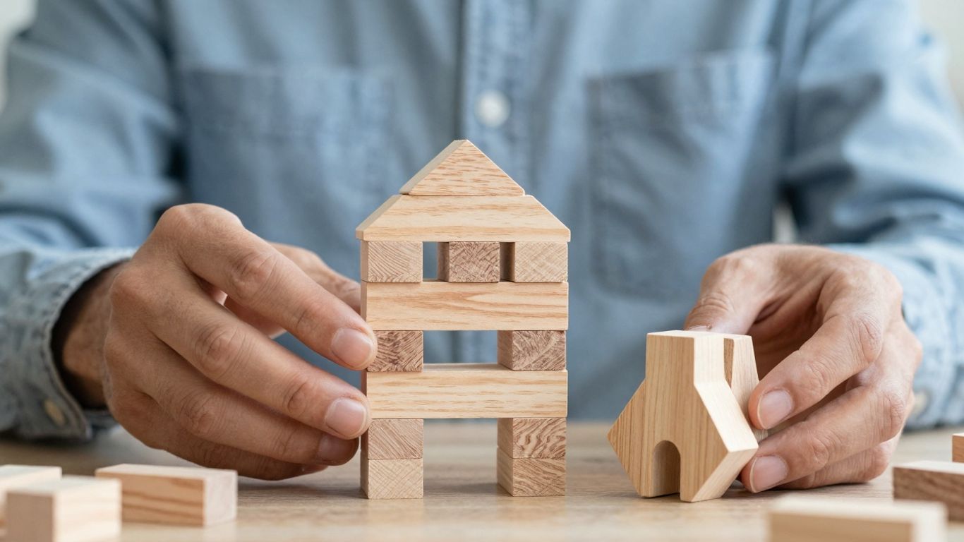 Mains construisant une structure avec des blocs.