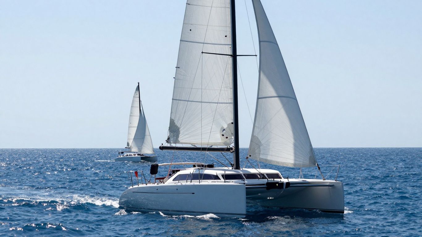 Catamaran and monohull sailboats on the water.