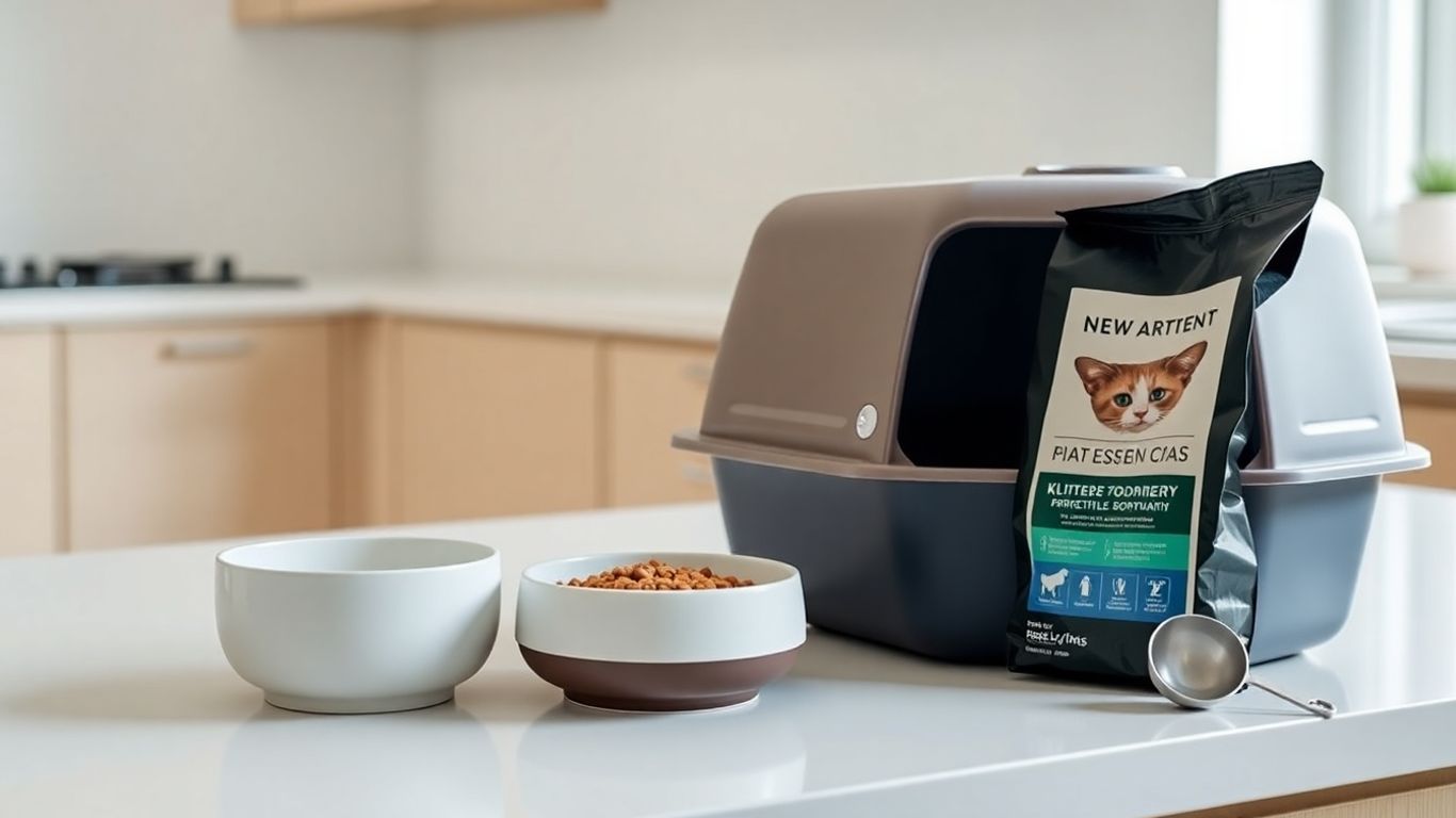 Cat dining and litter essentials on a kitchen counter.