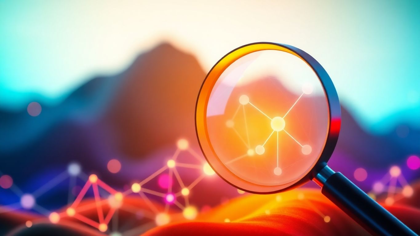 Magnifying glass over digital landscape with glowing connections.