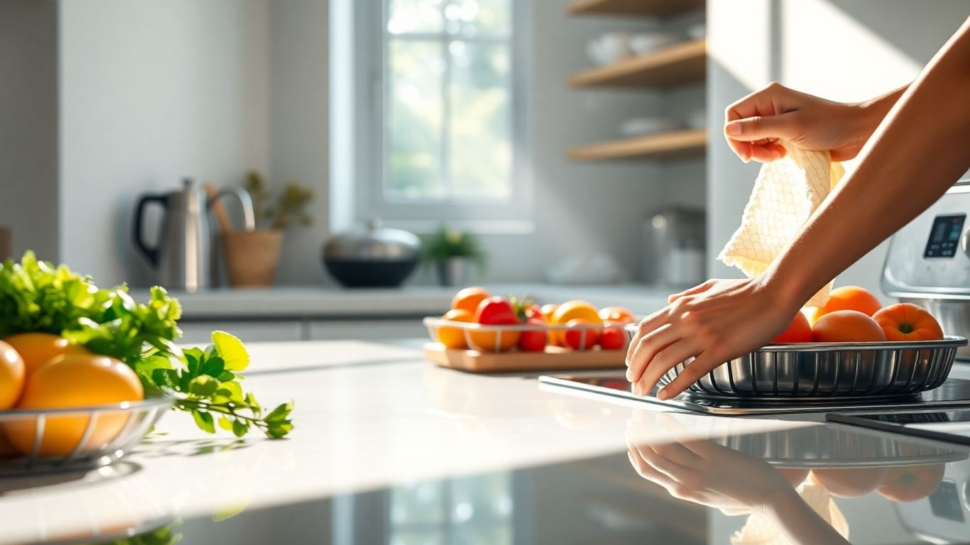 Sparkling kitchen counter with fresh produce and clean utensils.