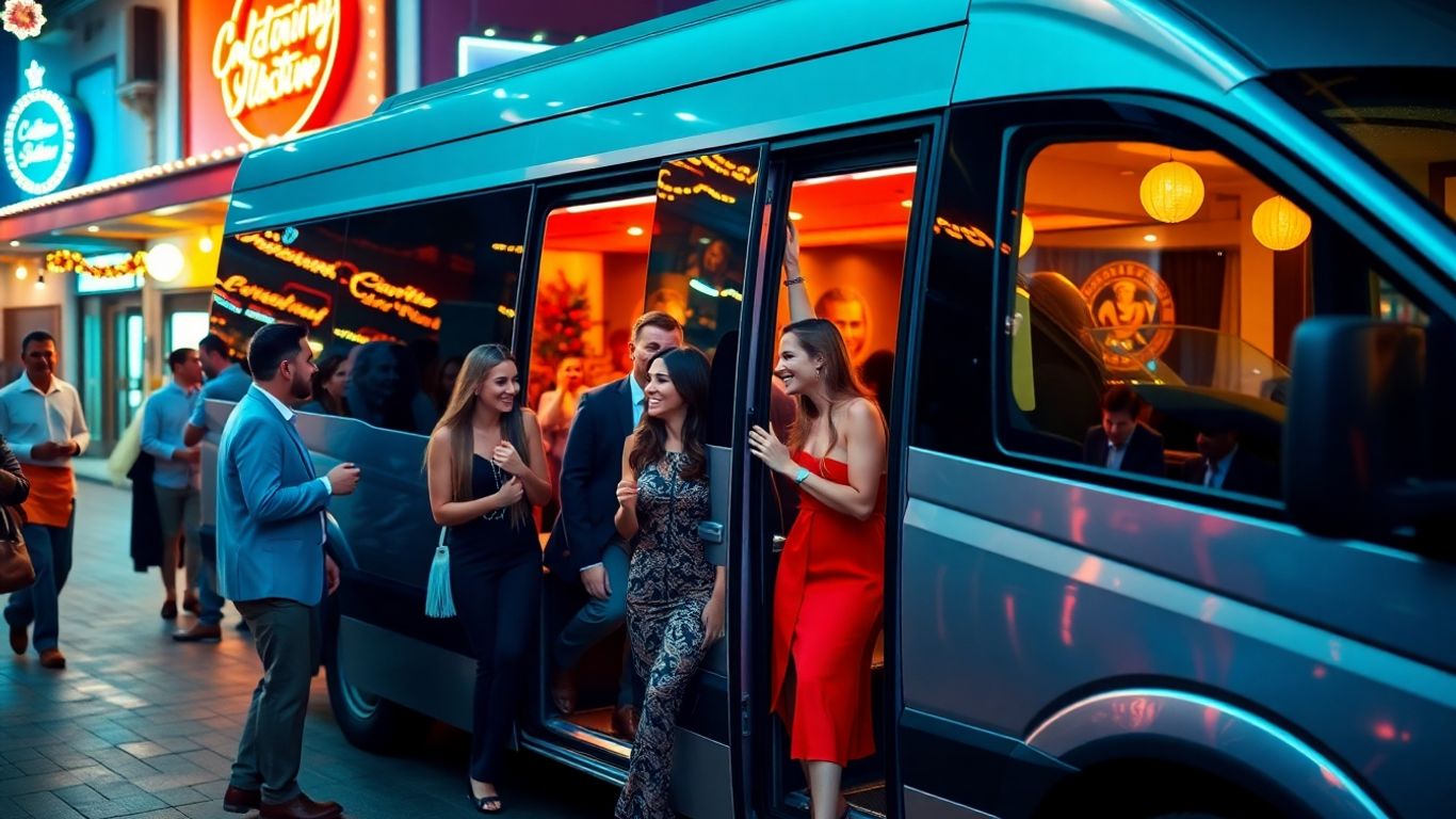 Party minibus arriving for a celebration in Slough.