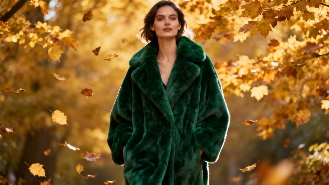 Woman in green faux fur coat, autumn leaves.