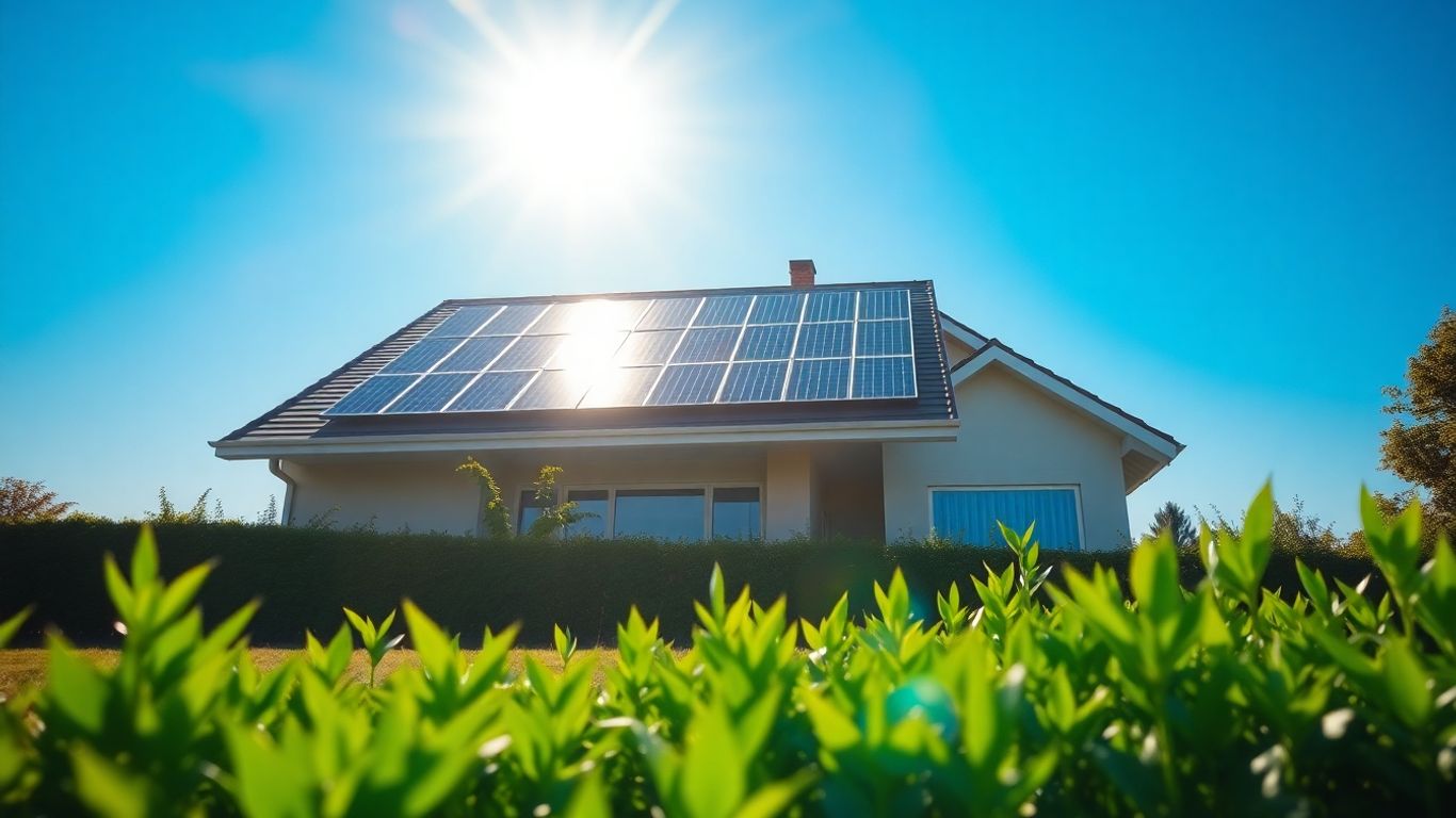 Maison moderne avec panneaux solaires sur le toit au soleil