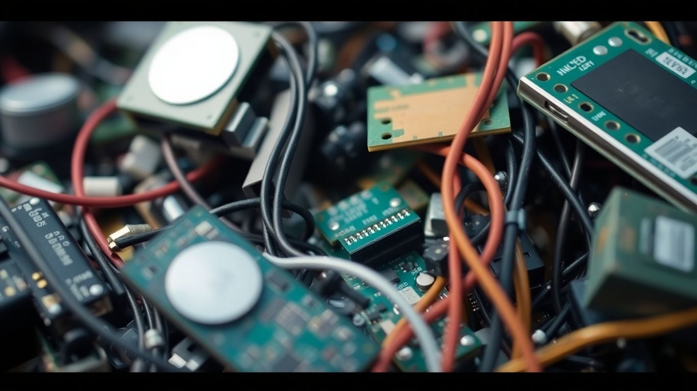 Déchets électroniques avec des éclats d'or visibles.