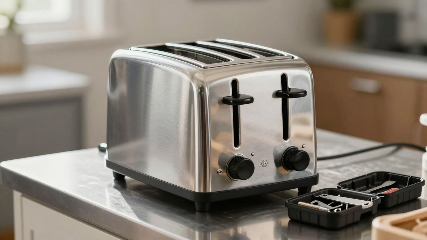 Commercial toaster and maintenance tools on a counter.