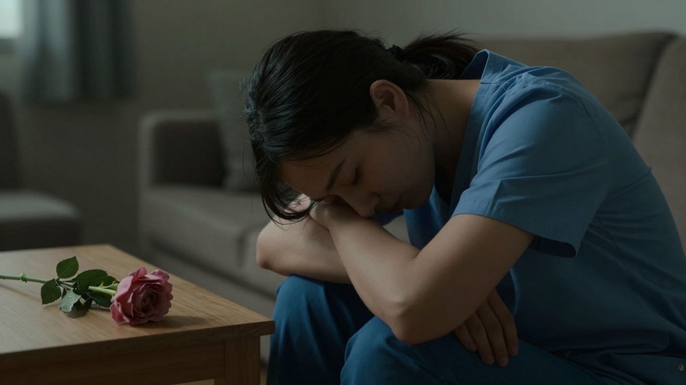 Weary caregiver in a dim room with a wilting flower.