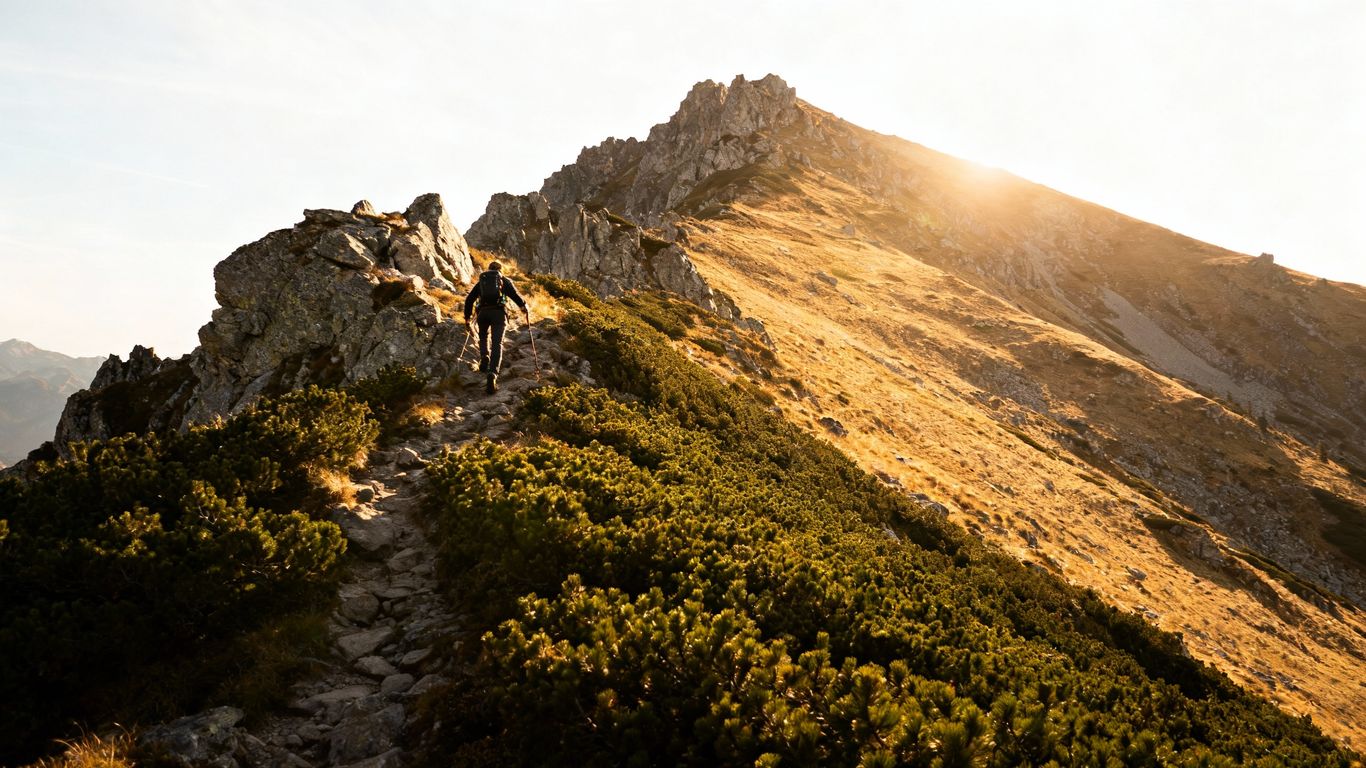 Person climbing mountain towards sunny summit.