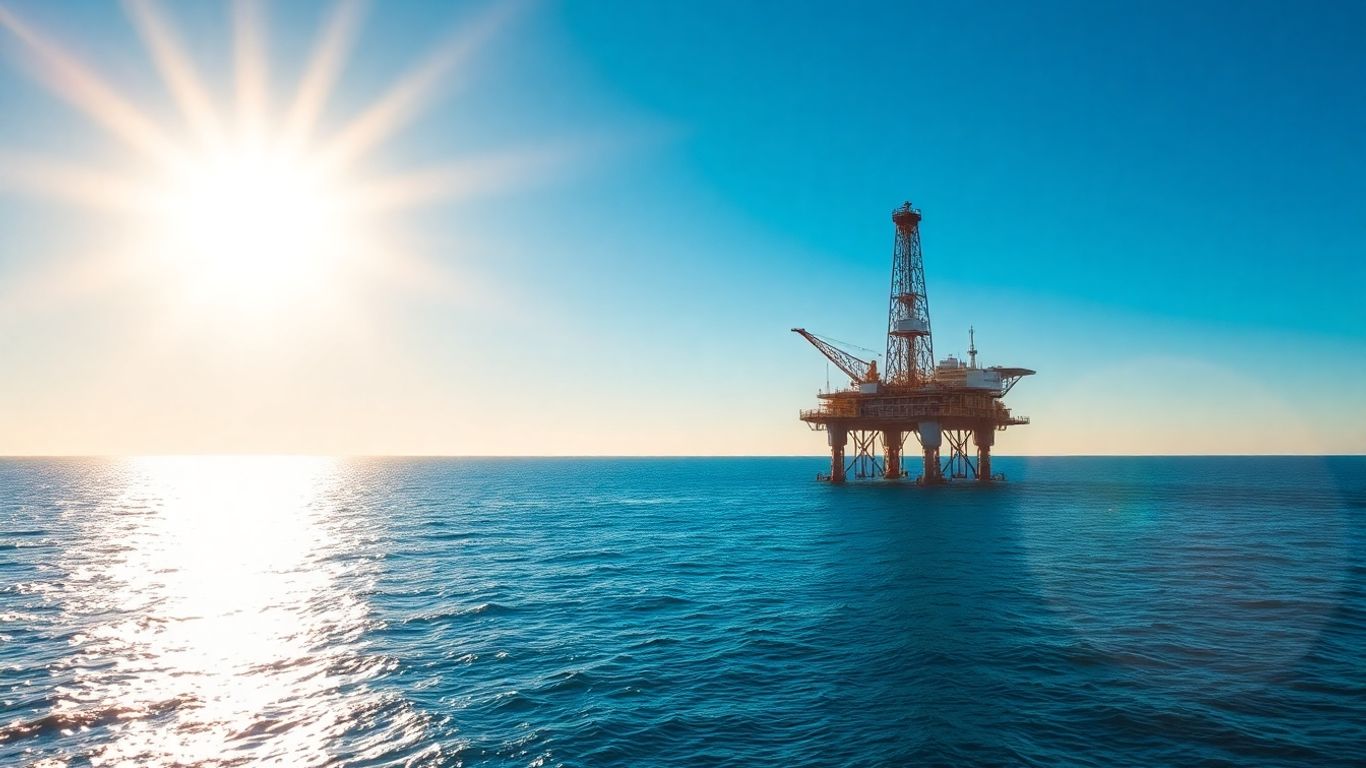 Offshore oil rig against Australian coastal backdrop.