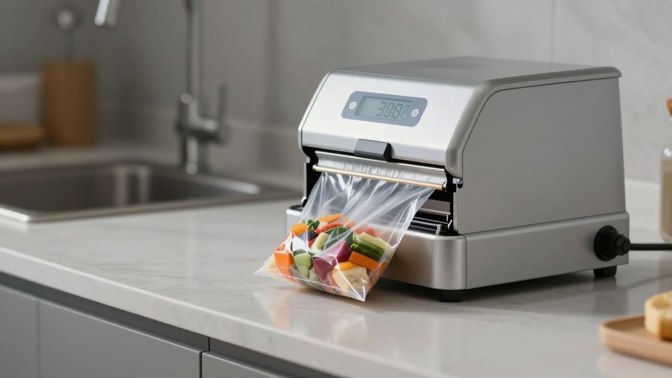 เครื่องซีลถุงกำลังทำงานบนเคาน์เตอร์ครัว