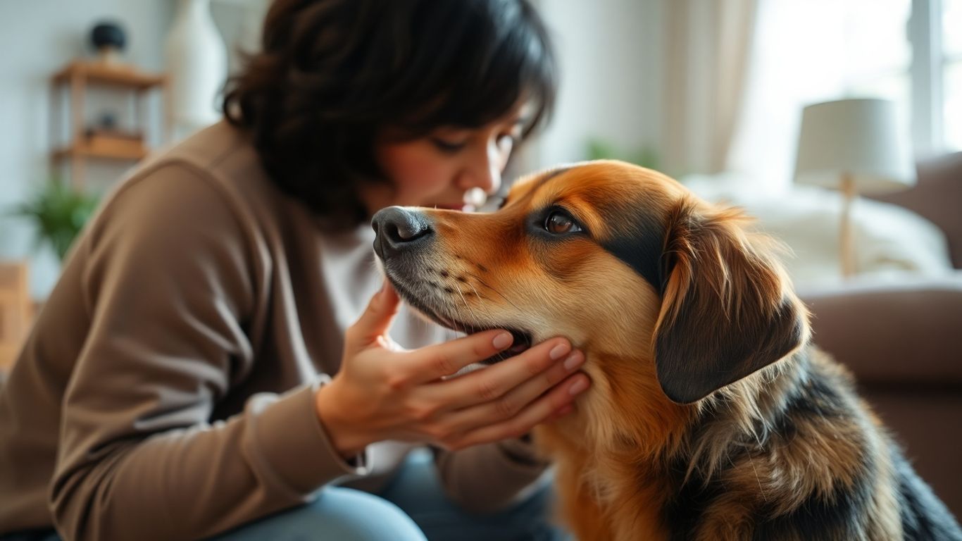 Owner comforting a slightly tense dog at home.