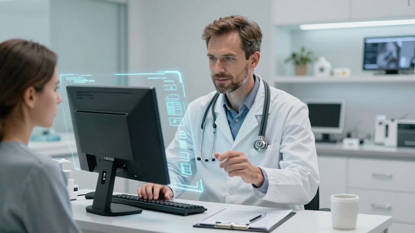 Doctor and patient with AI interface in clinic.