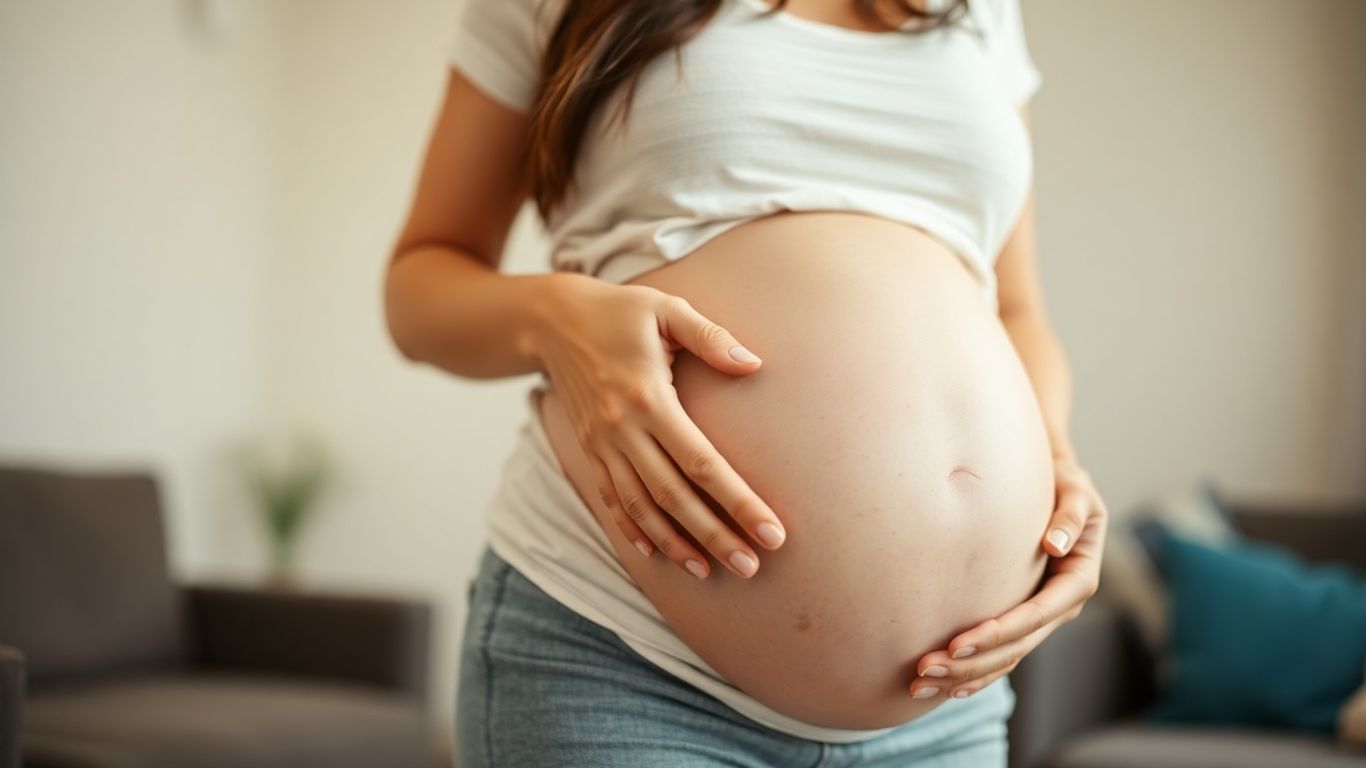Mulher grávida tocando a barriga com um sorriso.