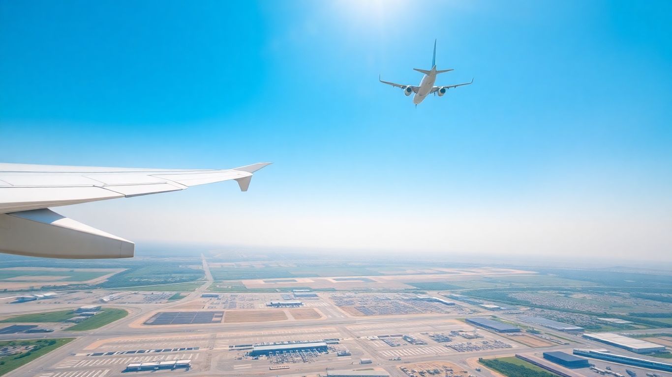 Samolot lecący nad lotniskiem w słoneczny dzień.