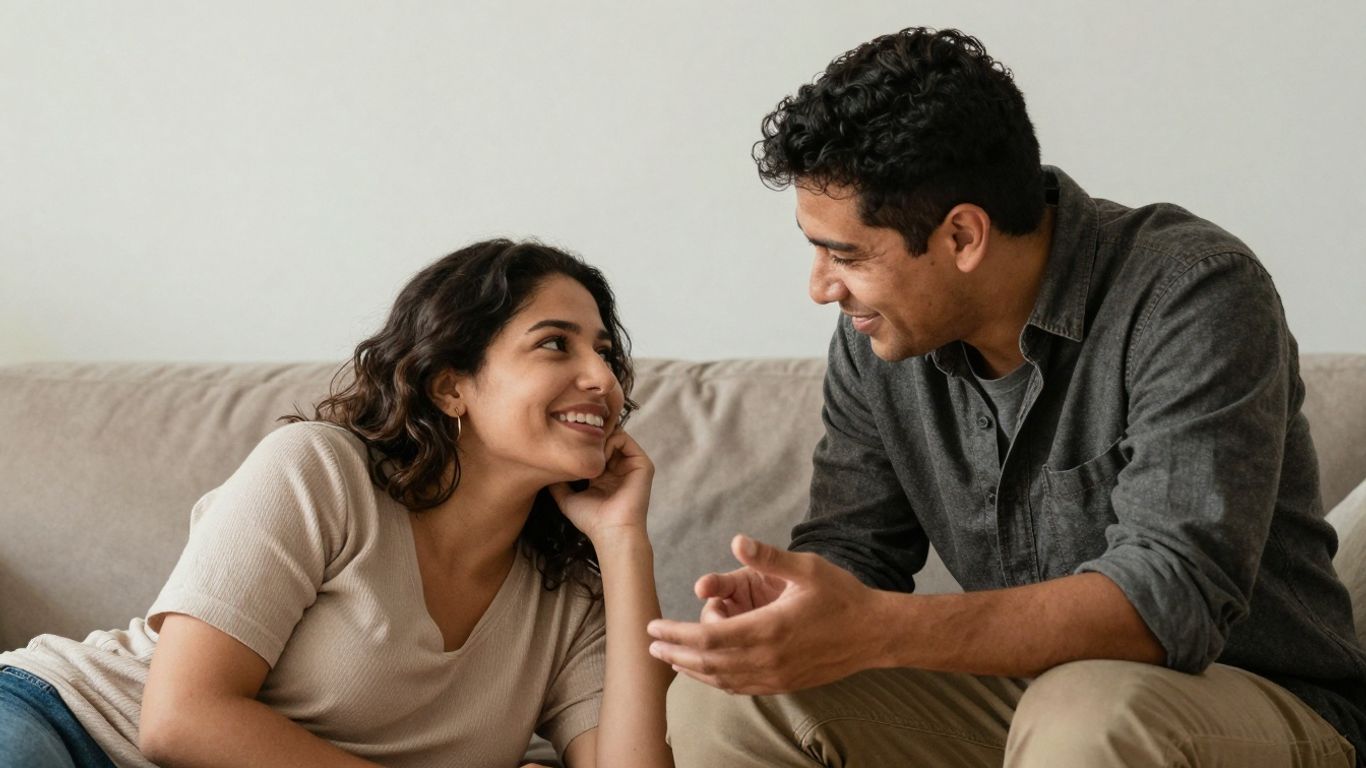 Oameni care comunică autentic, cu contact vizual și gesturi deschise.