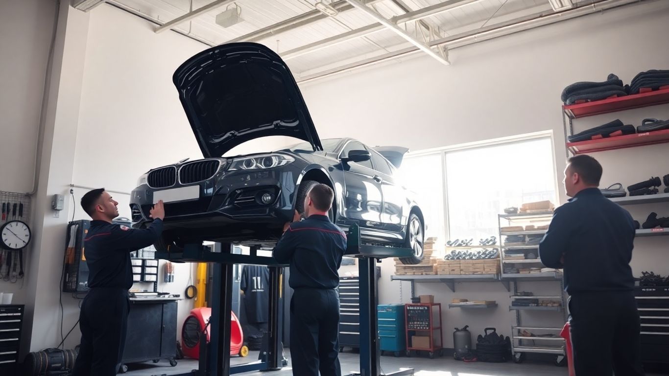 Car repair shop with mechanics and spare parts.