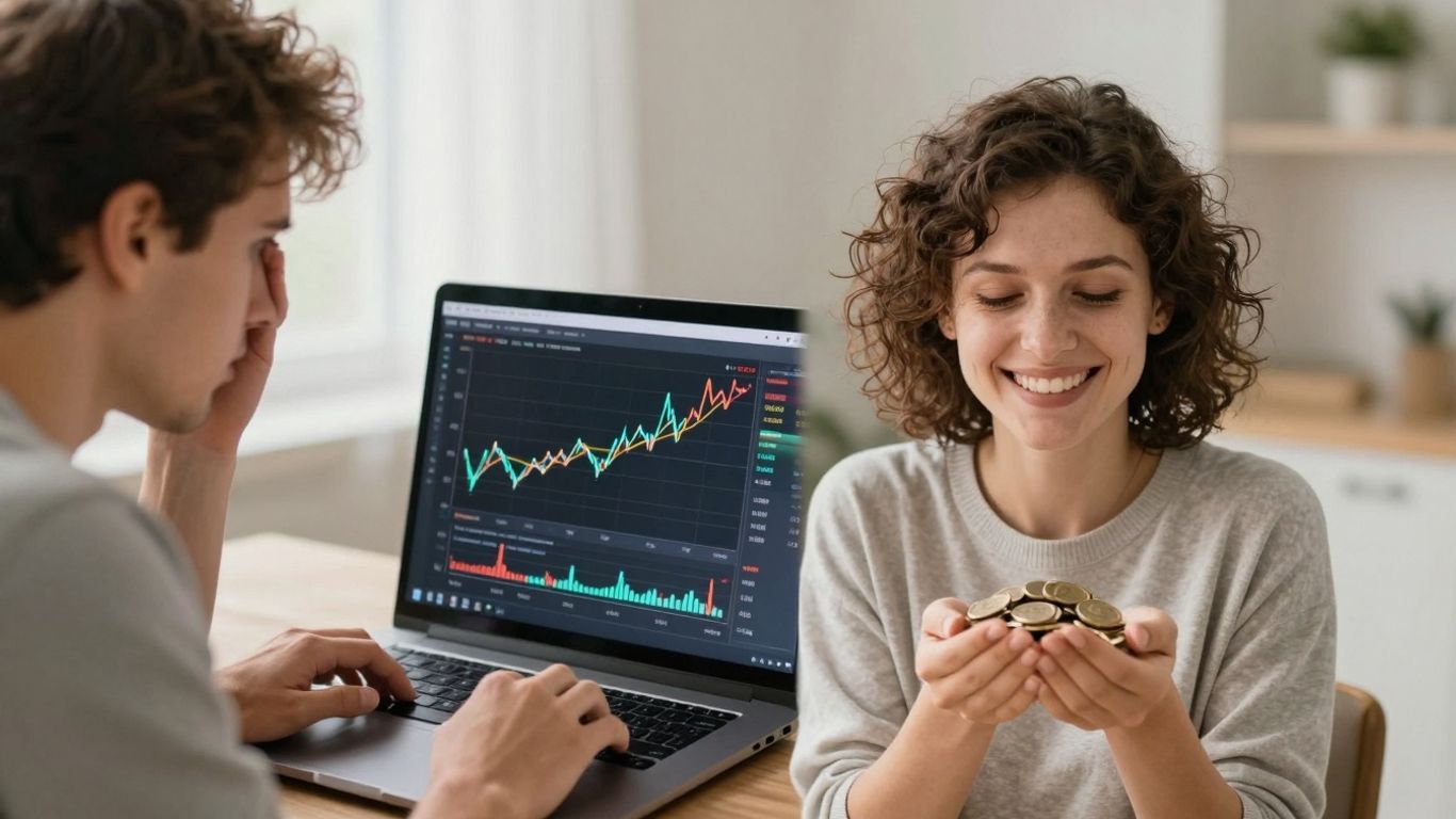 Frustrated person with crypto chart, hopeful person with coins.