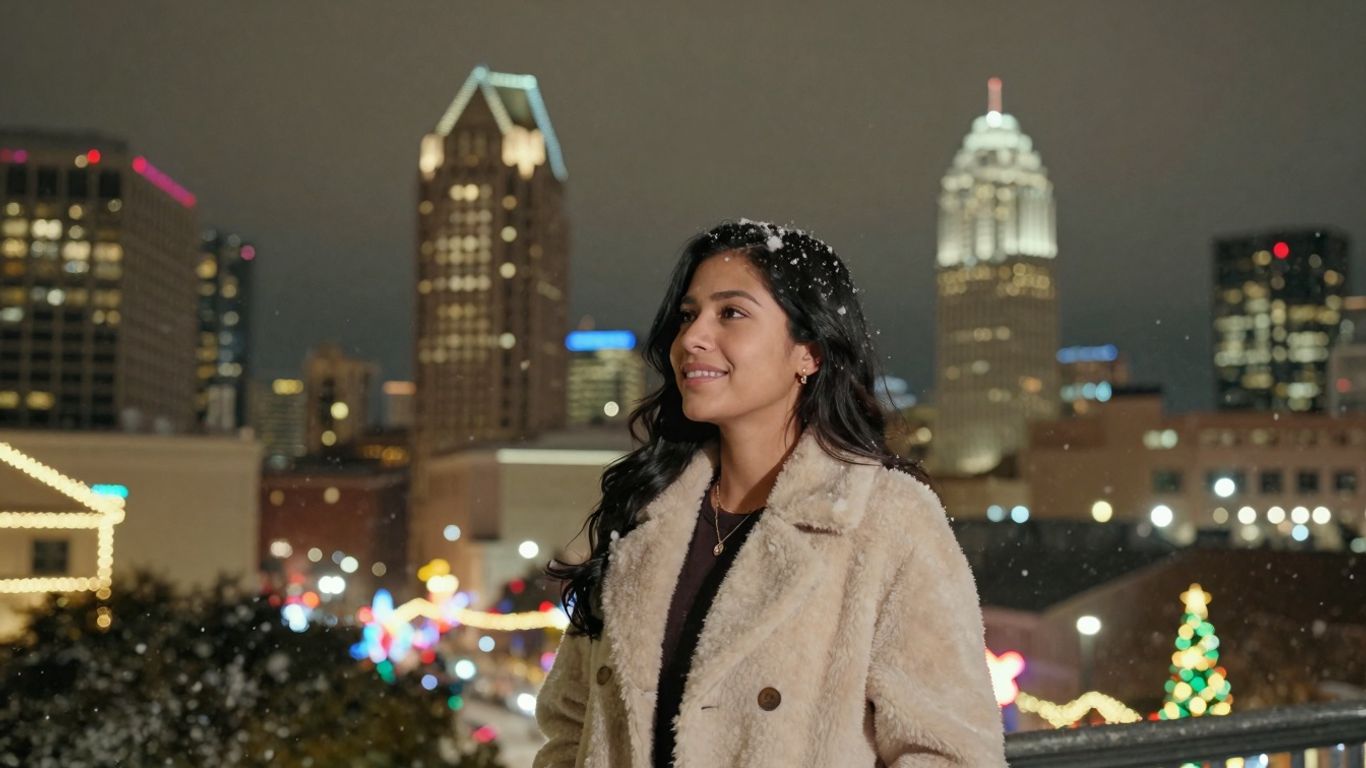 Dallas-Fort Worth skyline with holiday lights and snow.