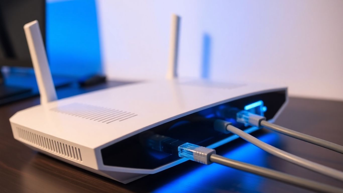 Roteador moderno com cabos de alta velocidade conectados.