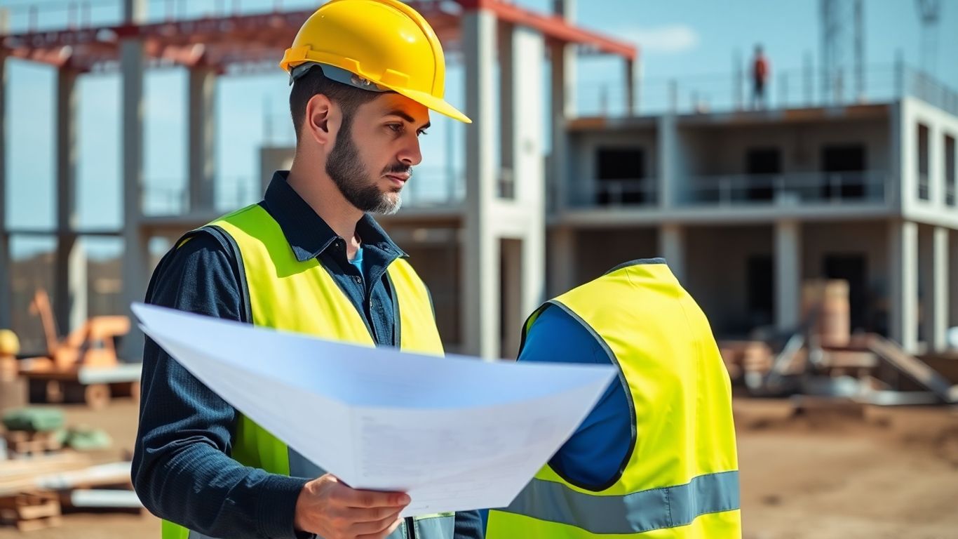 Bauarbeiter auf Baustelle mit Bauplänen