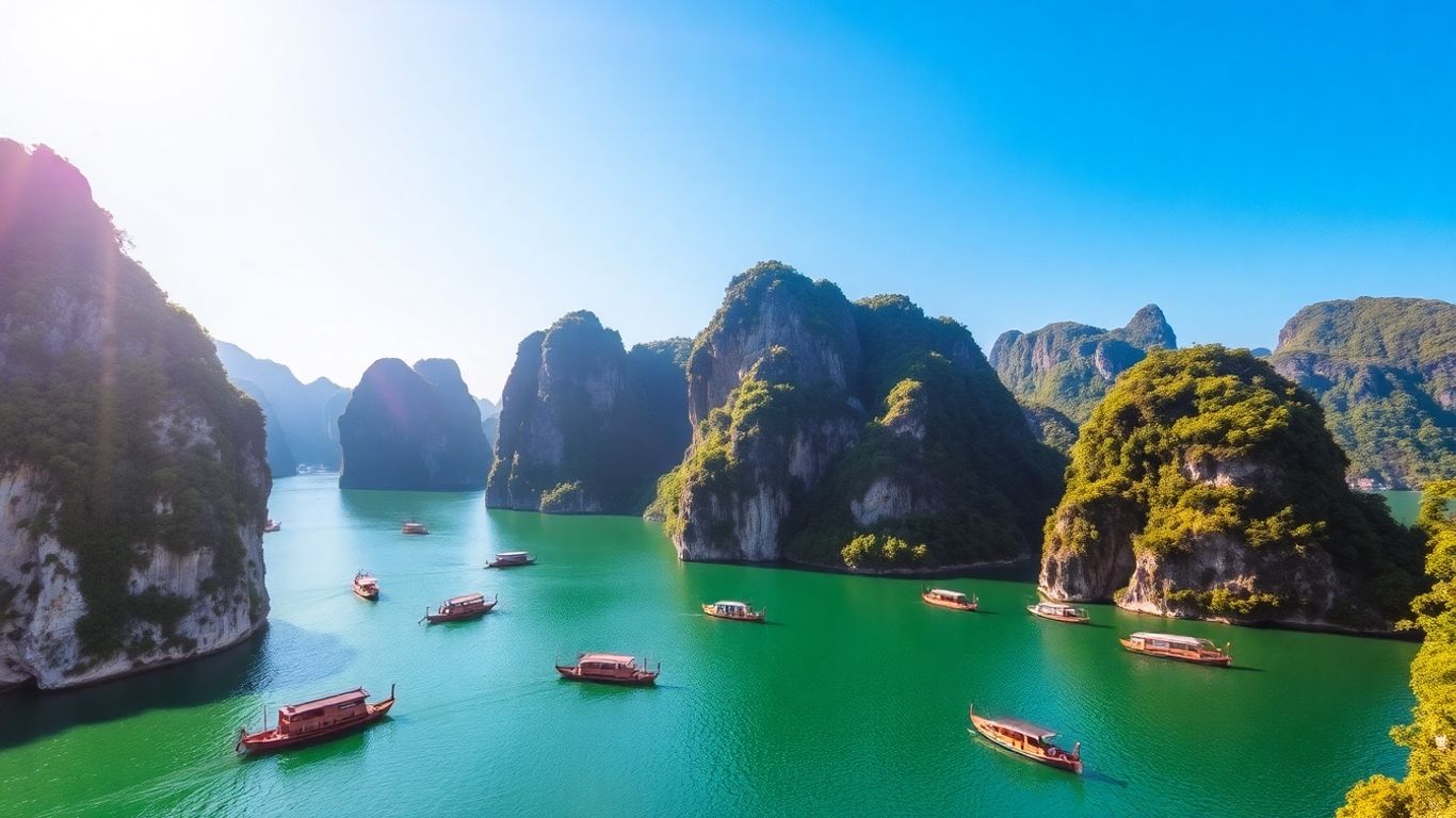 Ha Long Bay, Vietnam with limestone karsts and boats
