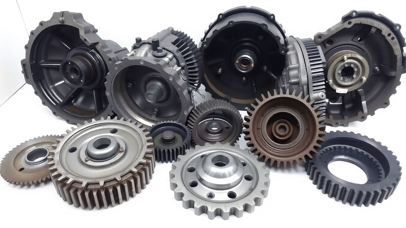 Used Kia transmission parts arranged for inspection.